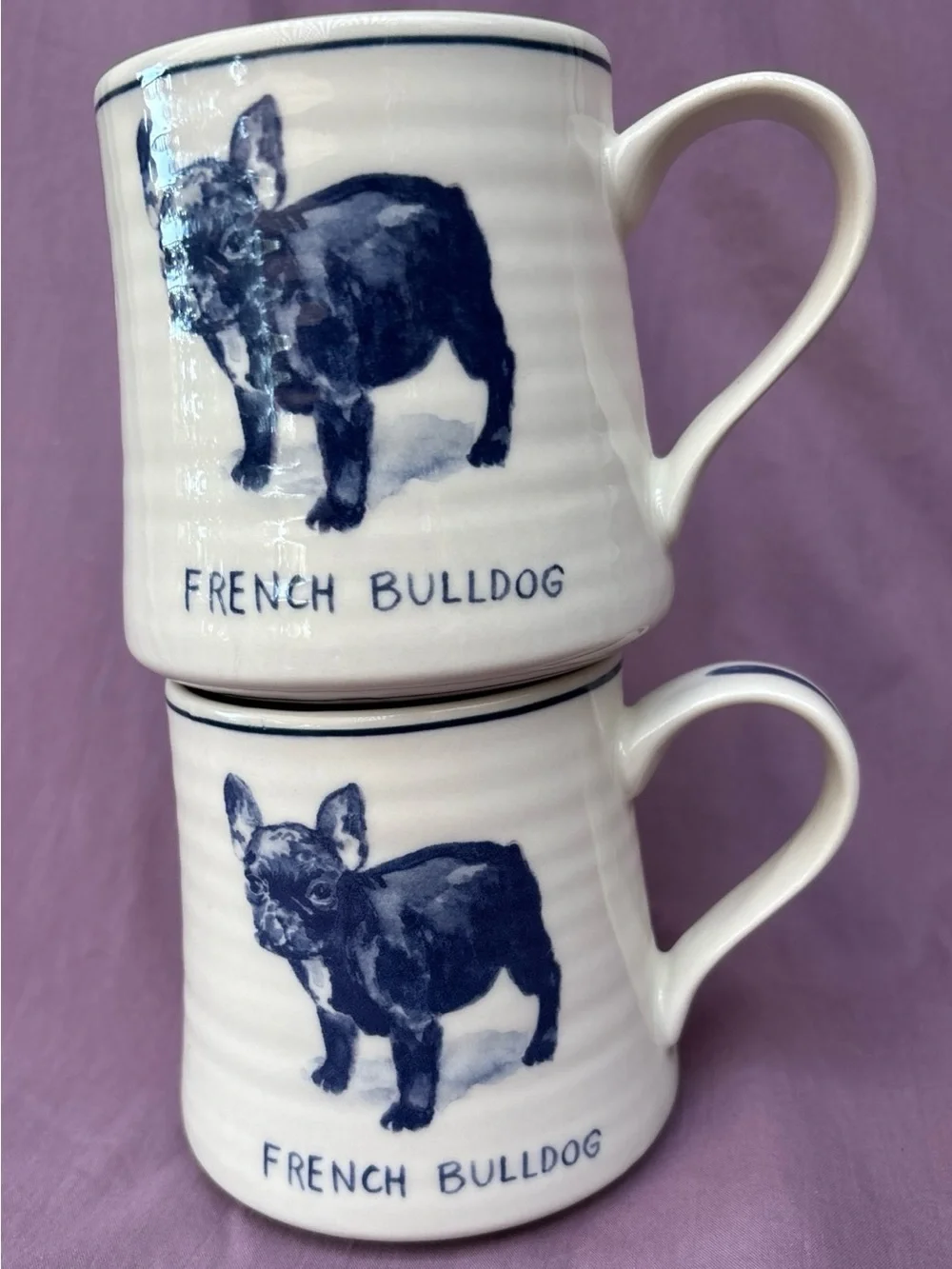 Anthropologie FRENCH BULLDOG Molly Hatch Ceramic Coffee set of 2 mugs 16 oz NWT